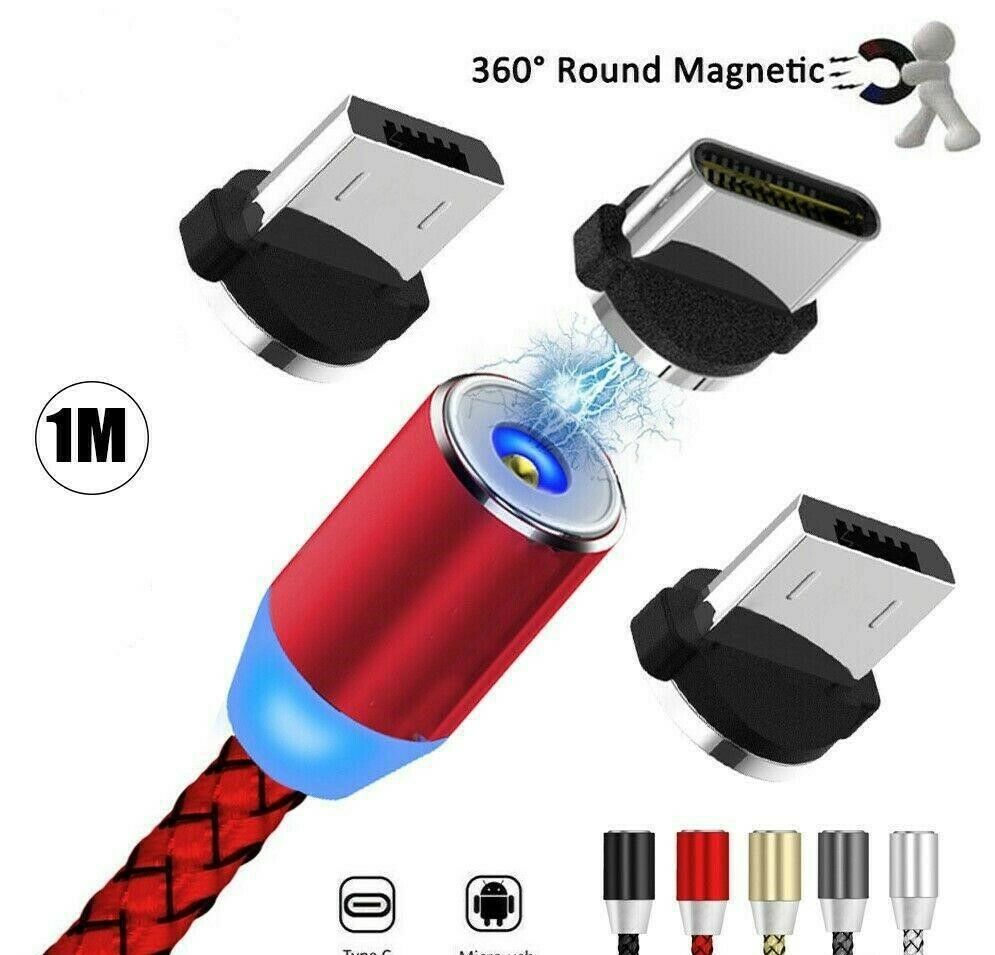 3 Pack For Samsung Android 360° Round LED Magnetic Charging Cable Micro USB C US
