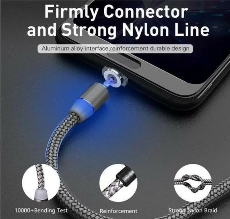3 Pack For Samsung Android 360° Round LED Magnetic Charging Cable Micro USB C US