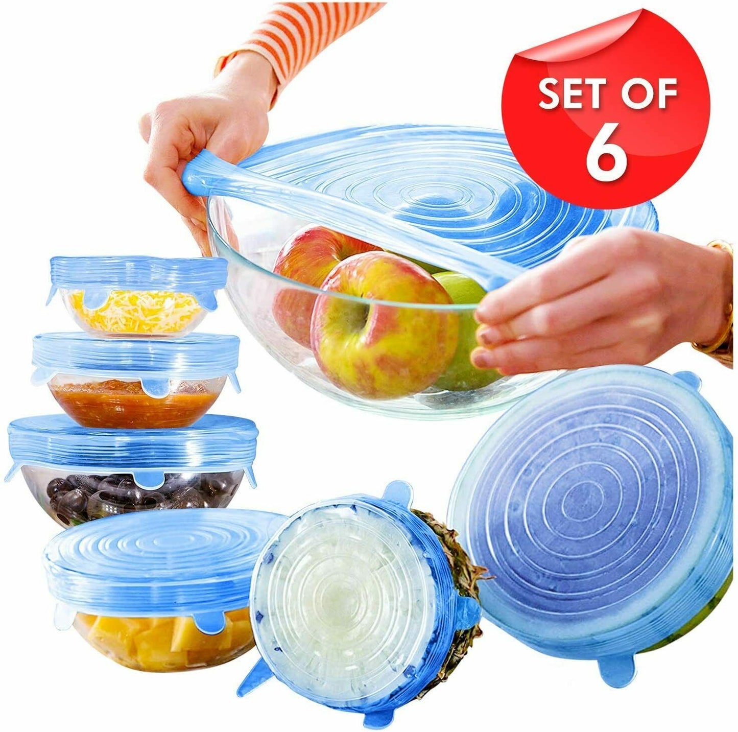 Stretch Silicone Lids 6 Pcs Food Cover, Various Sizes Reusable Food Kitchen Storage Wraps Cover Keep Food Fresh, BPA Free Stretchable Seal Lids