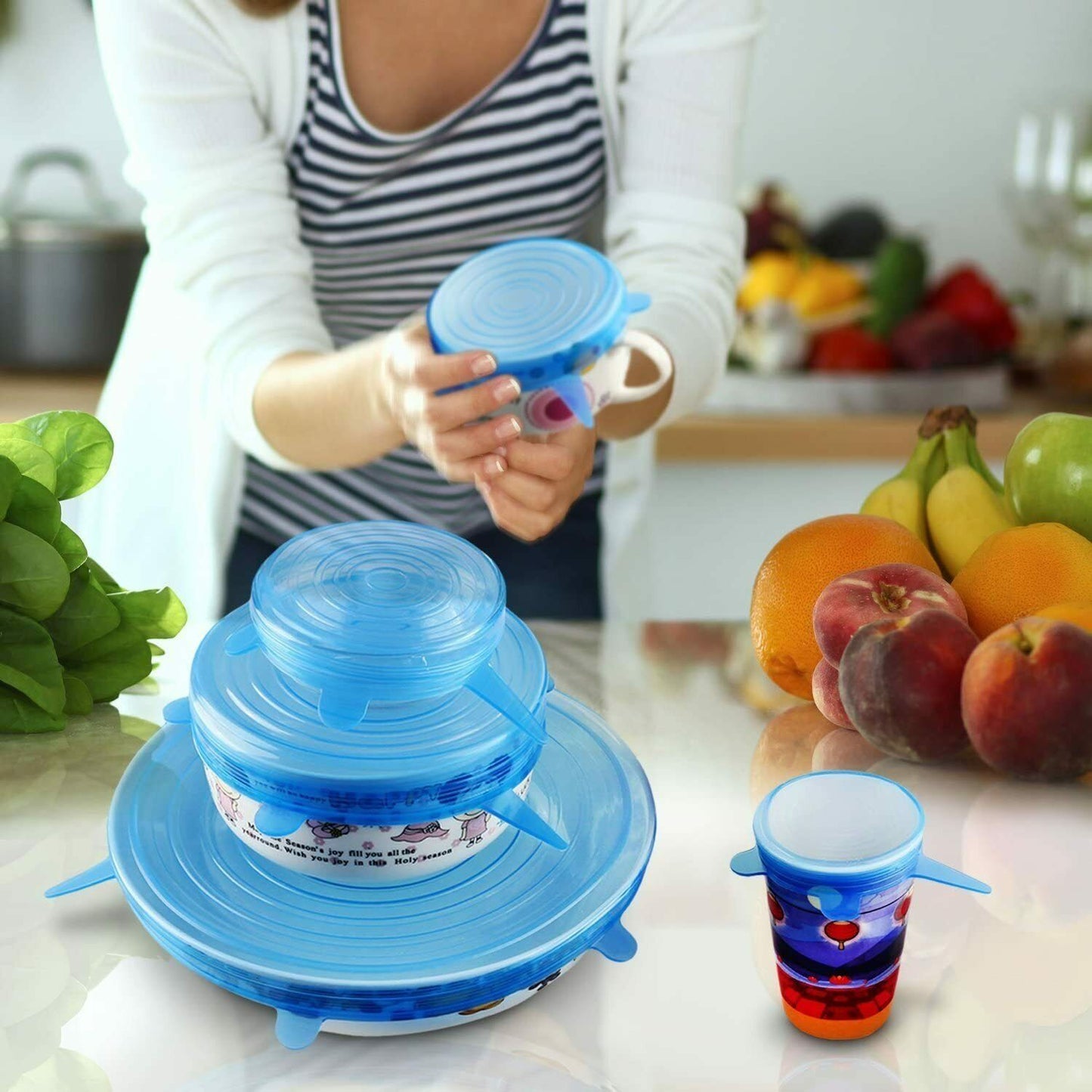 Stretch Silicone Lids 6 Pcs Food Cover, Various Sizes Reusable Food Kitchen Storage Wraps Cover Keep Food Fresh, BPA Free Stretchable Seal Lids