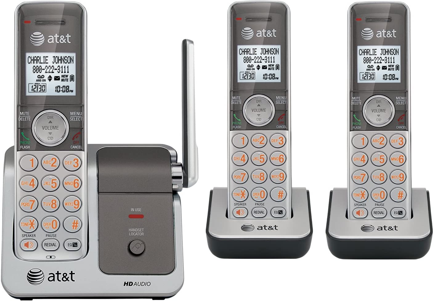 AT&T CL81301 DECT 6.0 Cordless Phone, Silver/Grey, 3 Handsets