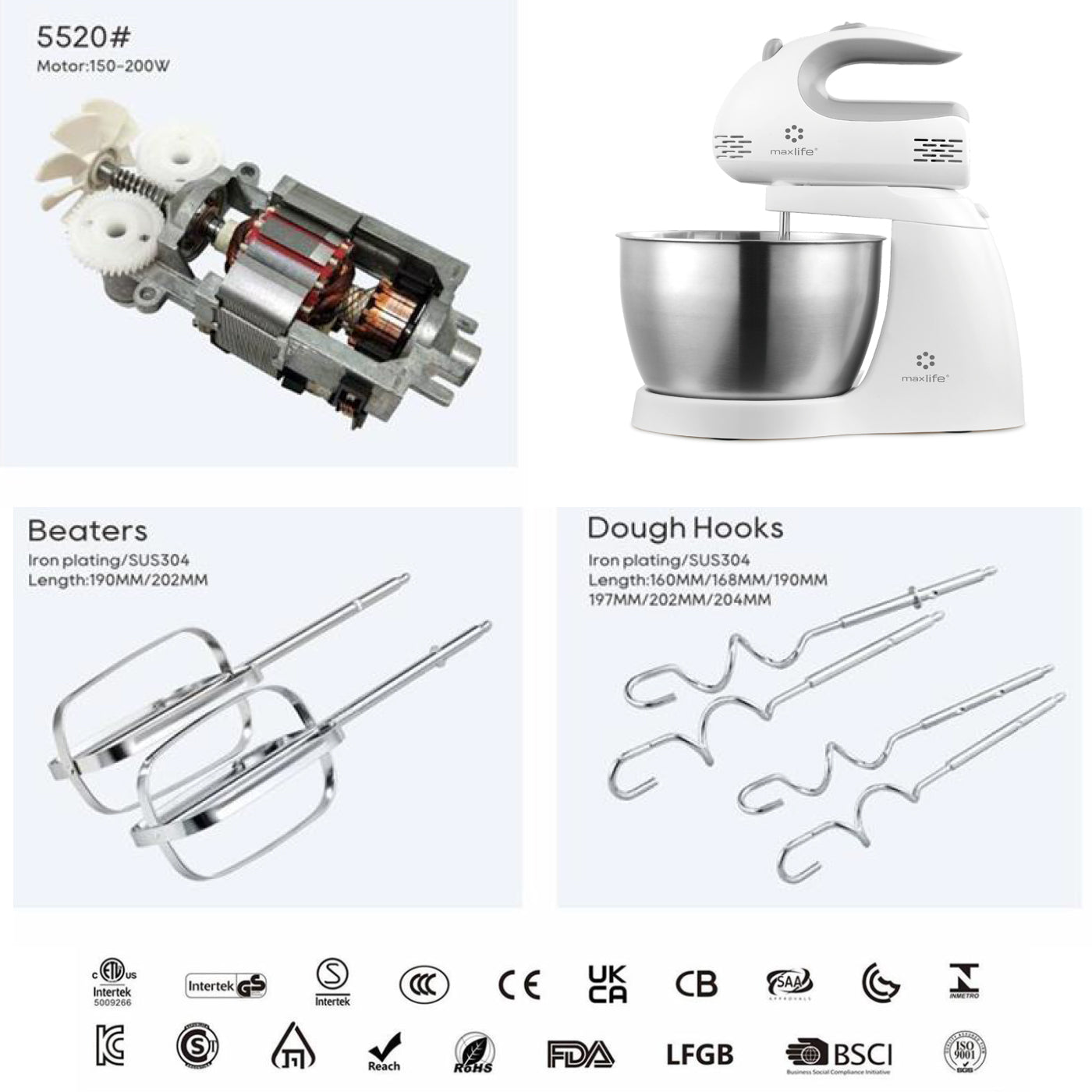 Max Life 3.2 Quarts Stand Mixer ML-6638 -Powerful 5-Speed Electric Mixer with Stainless Steel Bowl, Dough Hooks, Beaters, Whisks for Most Home Cooks