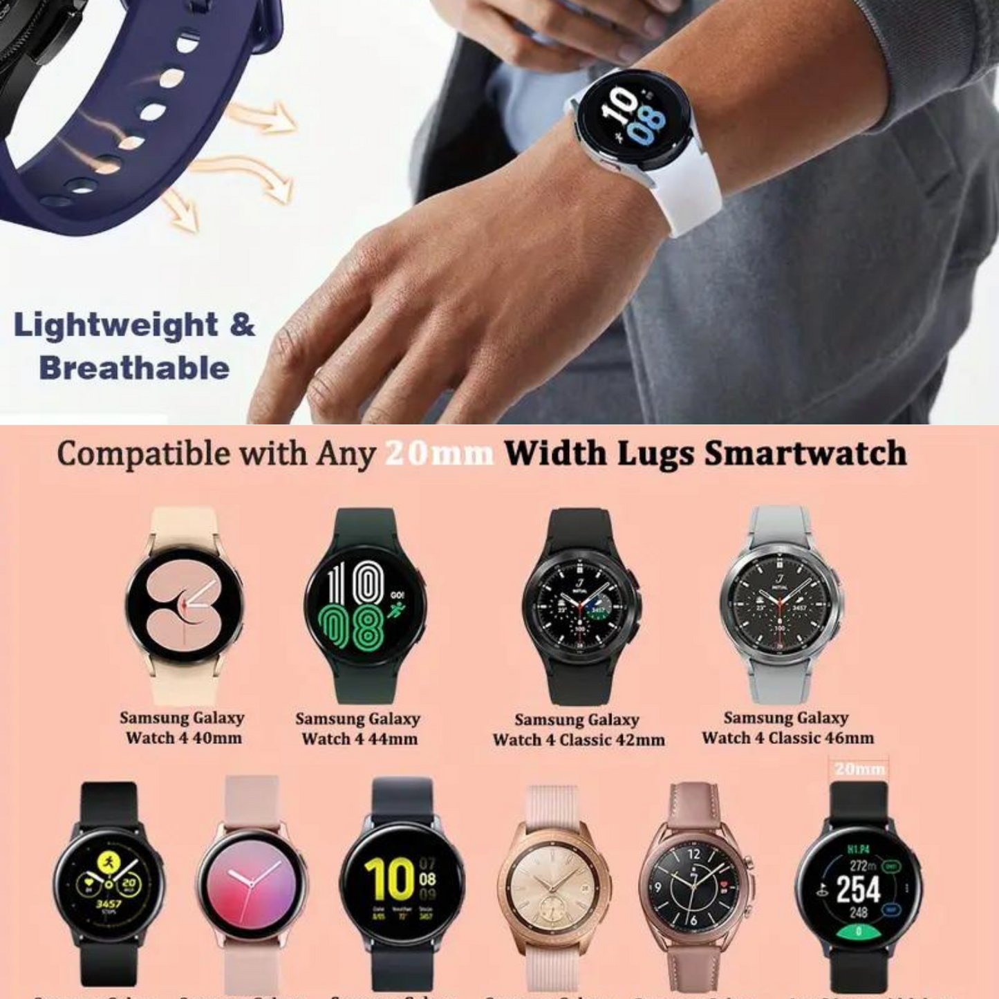 20mm Sport Silicone Band for Samsung Galaxy Watch 4 (40mm/44mm), Active 2, Galaxy Watch 5 Pro (45mm), and Galaxy Watch 5