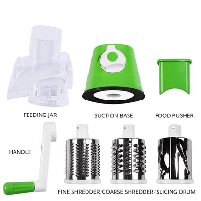 Rotary Cheese Grater with 3 Stainless Drum Blades, Handheld Vegetables Cheese Shredder with Rubber Suction Base