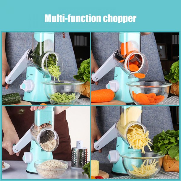 Rotary Cheese Grater with 3 Stainless Drum Blades, Handheld Vegetables Cheese Shredder with Rubber Suction Base