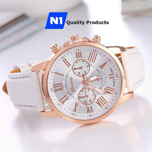 New Fashion Geneva Women Leather Band Stainless Steel Quartz Analog Wrist Watch