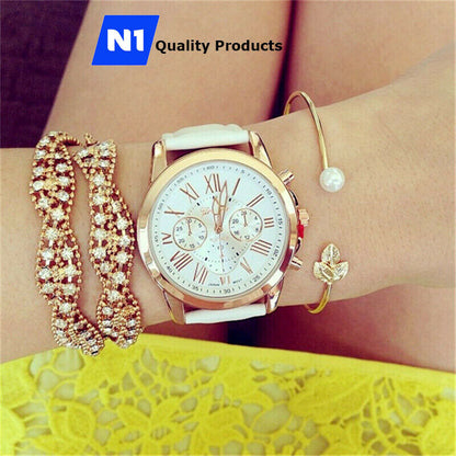 New Fashion Geneva Women Leather Band Stainless Steel Quartz Analog Wrist Watch