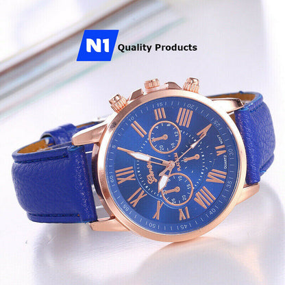 New Fashion Geneva Women Leather Band Stainless Steel Quartz Analog Wrist Watch