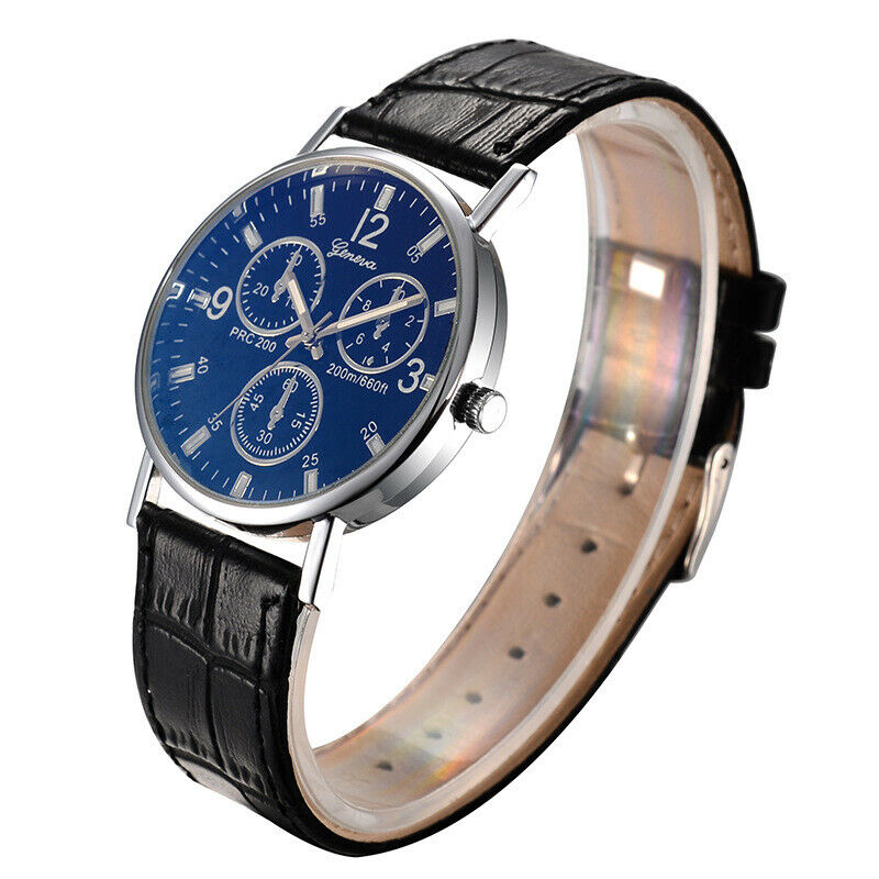 Fashion Men Steel Quartz Watch Black White Leather Band Analog Wristwatch