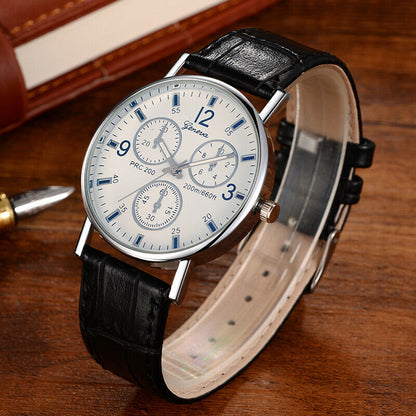 Fashion Men Steel Quartz Watch Black White Leather Band Analog Wristwatch