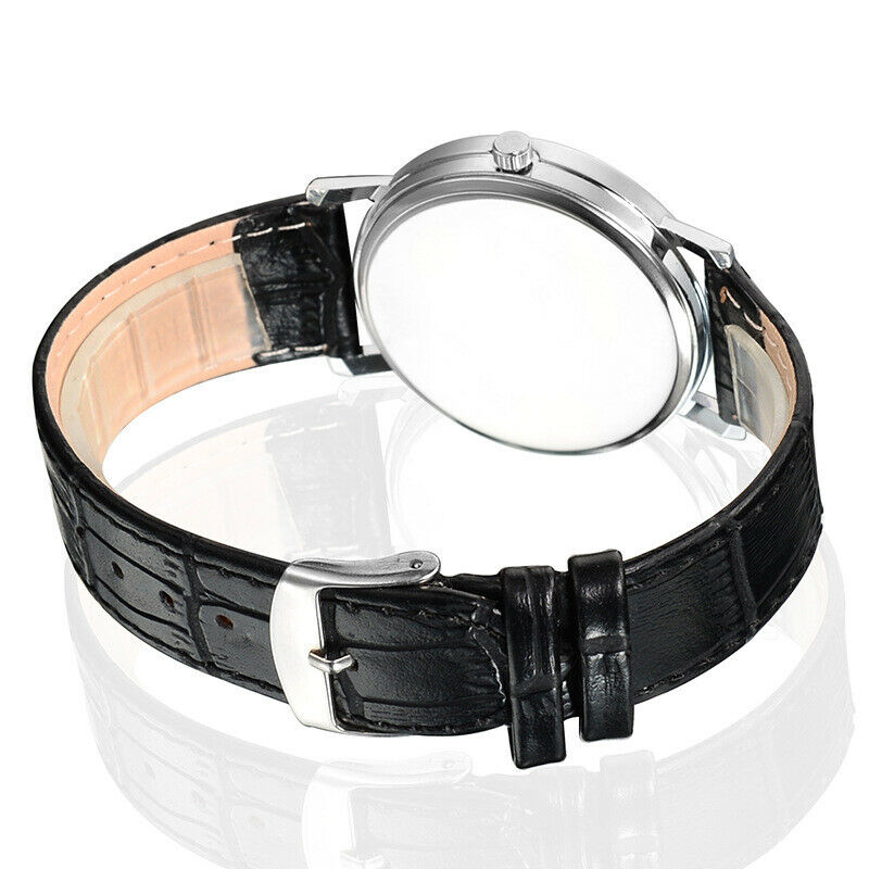 Fashion Men Steel Quartz Watch Black White Leather Band Analog Wristwatch