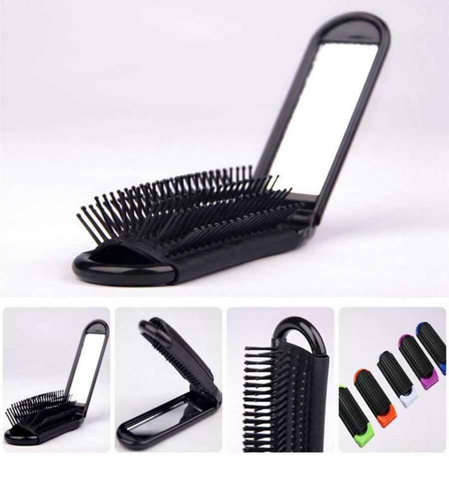 Portable Folding Hair Brush With Mirror Compact Travel Comb