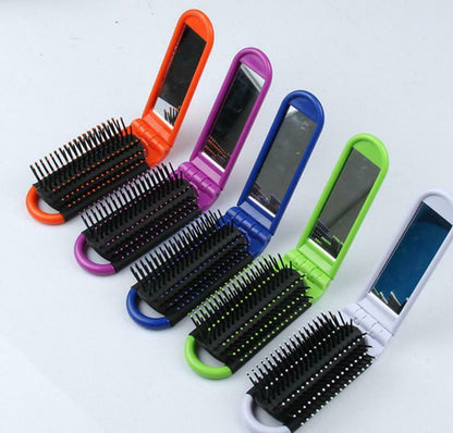 Portable Folding Hair Brush With Mirror Compact Travel Comb