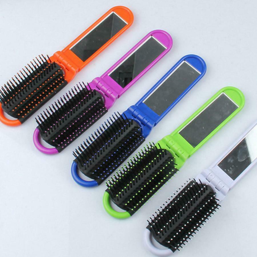 Portable Folding Hair Brush With Mirror Compact Travel Comb