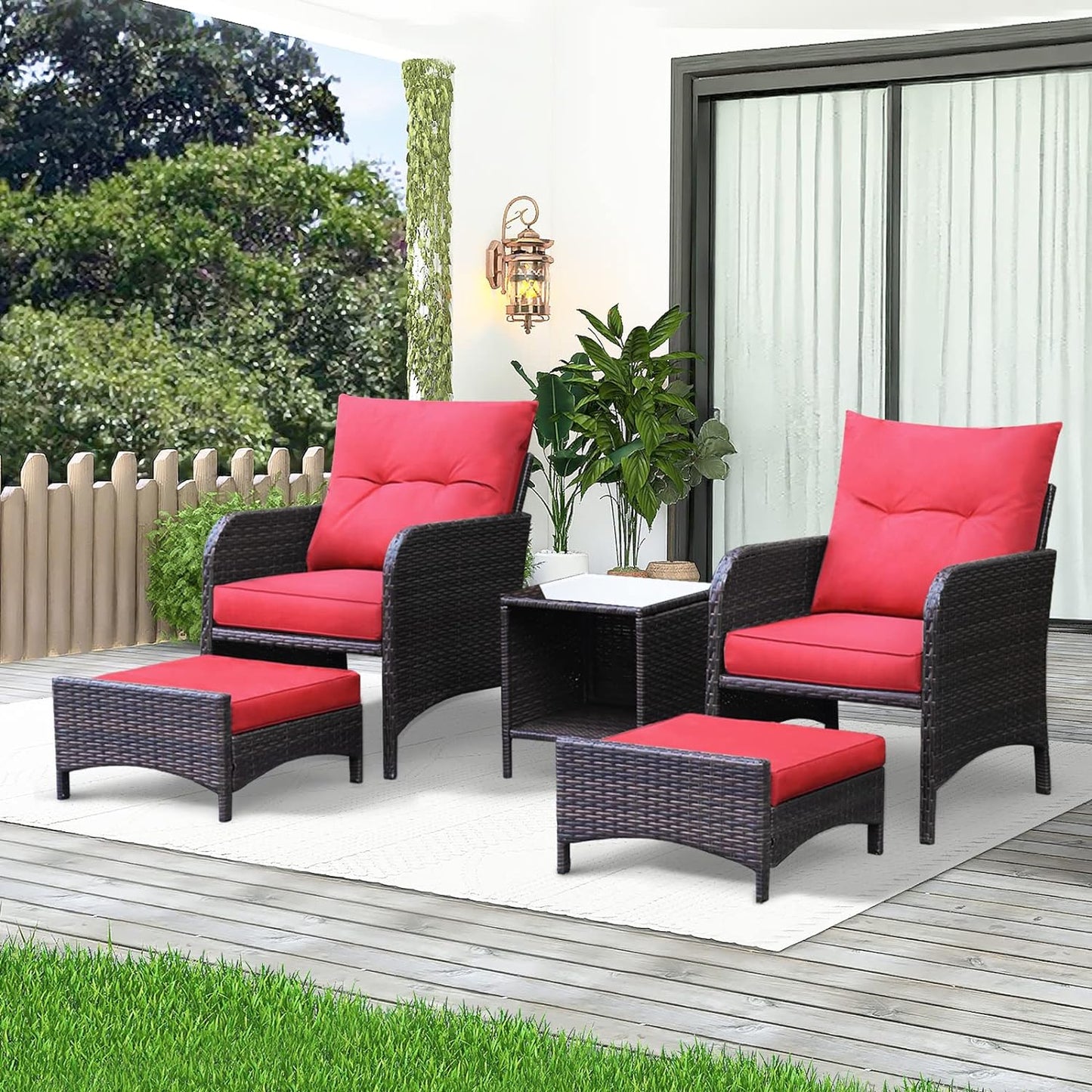 Prestige Patio 5 Pieces Patio Wicker Set Outdoor Rattan Bistro Set with 2 chairs, 2 Ottoman, Glass Coffee Table. Red cushion