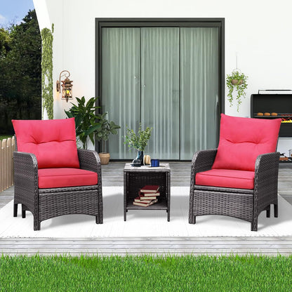 Prestige Patio 5 Pieces Patio Wicker Set Outdoor Rattan Bistro Set with 2 chairs, 2 Ottoman, Glass Coffee Table. Red cushion