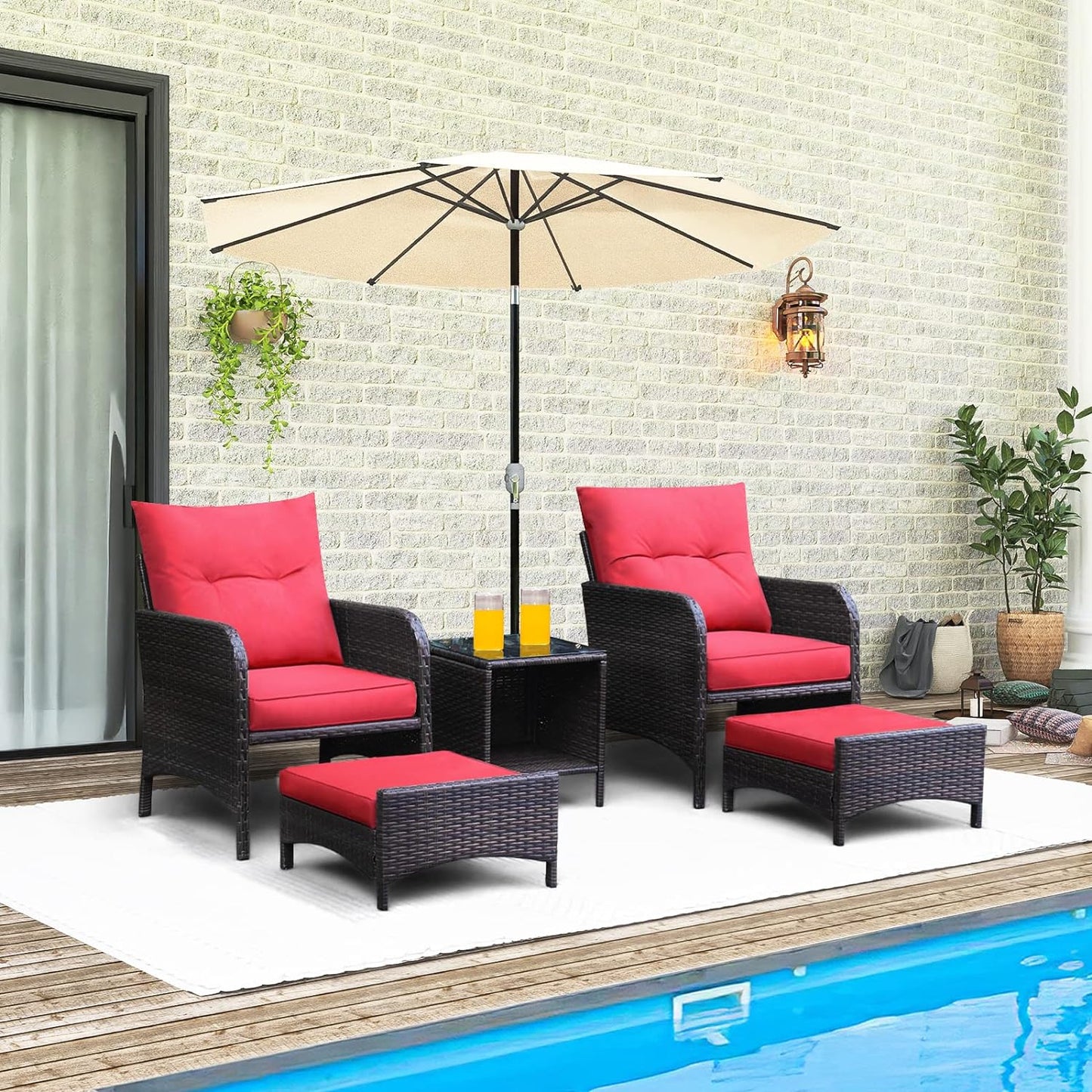 Prestige Patio 5 Pieces Patio Wicker Set Outdoor Rattan Bistro Set with 2 chairs, 2 Ottoman, Glass Coffee Table. Red cushion