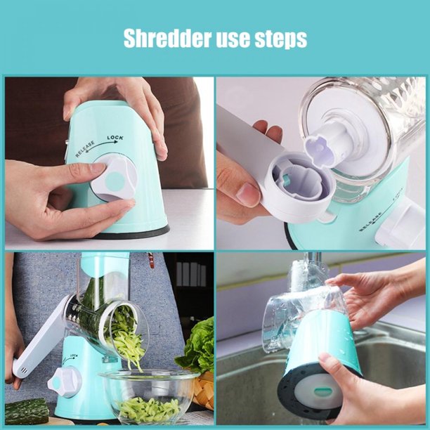 Rotary Cheese Grater with 3 Stainless Drum Blades, Handheld Vegetables Cheese Shredder with Rubber Suction Base