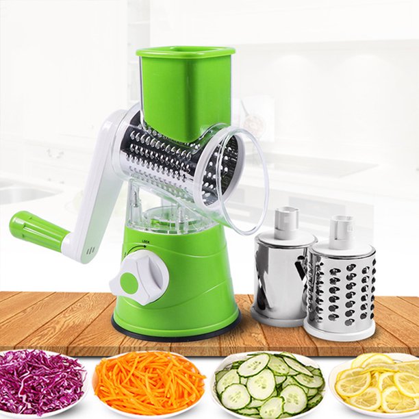 Rotary Cheese Grater with 3 Stainless Drum Blades, Handheld Vegetables Cheese Shredder with Rubber Suction Base