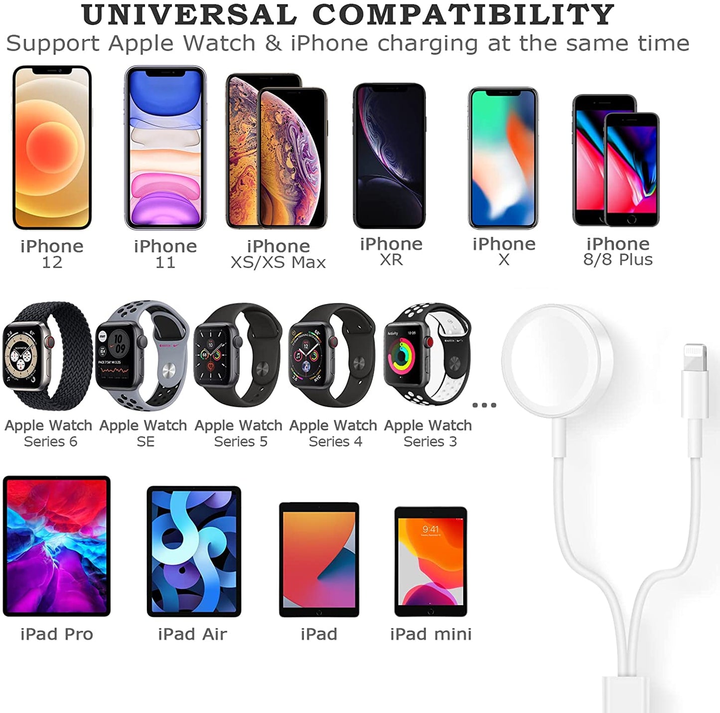 Smart Watch Charger USB Cable For Apple Watch All Series 7/6/5/4/3/2/1 and for All iPhone, iPad - 2 in1 Smart Charging Cable