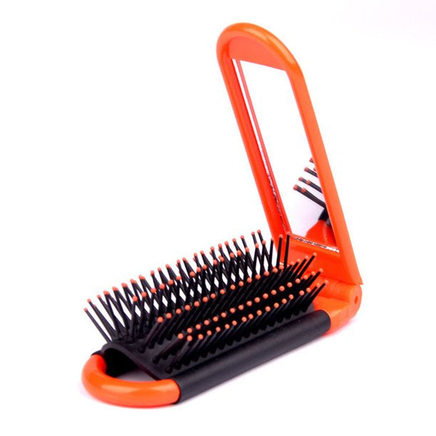 Portable Folding Hair Brush With Mirror Compact Travel Comb