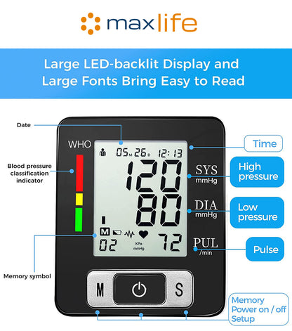 Blood Pressure Monitor With Heart Rate - Automatic Wrist Cuff Blood Pressure Machine With LCD Display, 99 Set Memory, and Carrying Case