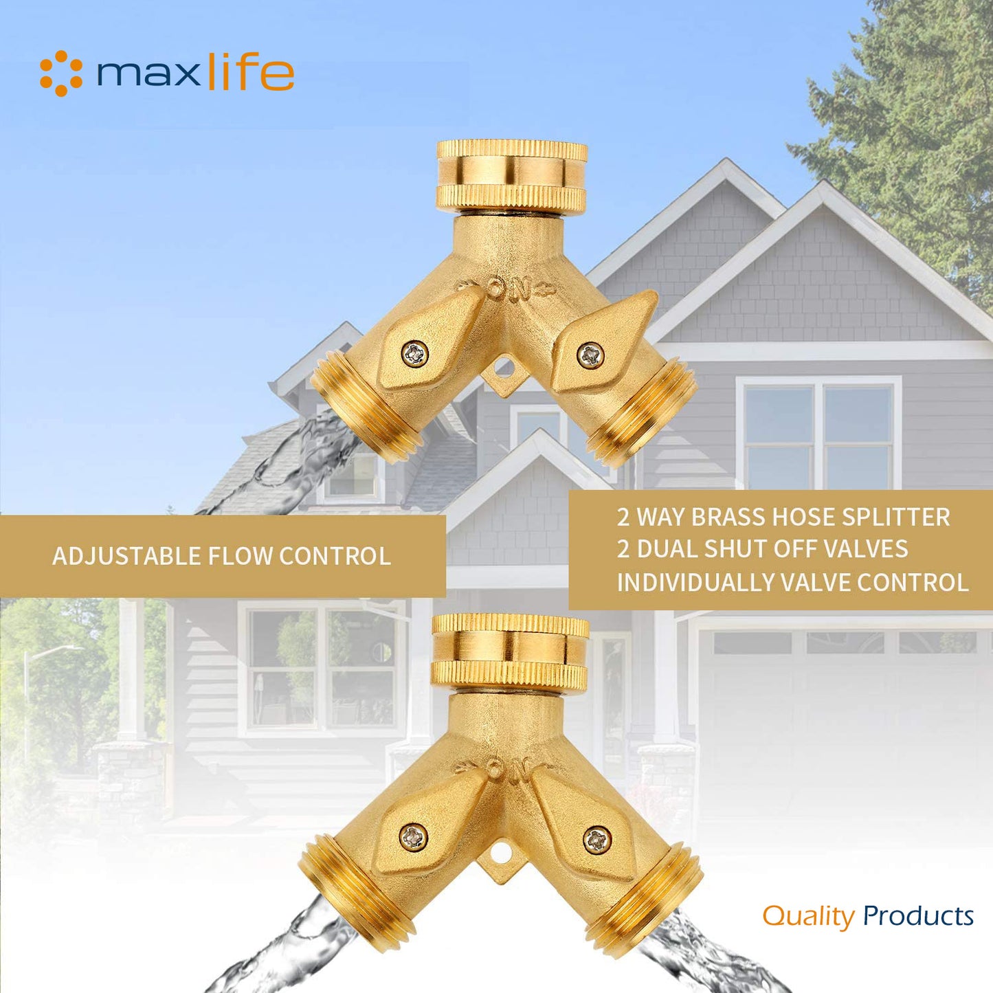 Max Life - Garden Hose Splitter Heavy-Duty Solid Brass Y Valve Female 2 Way 3/4" Tap Hose Connectors Water Distributor Switch