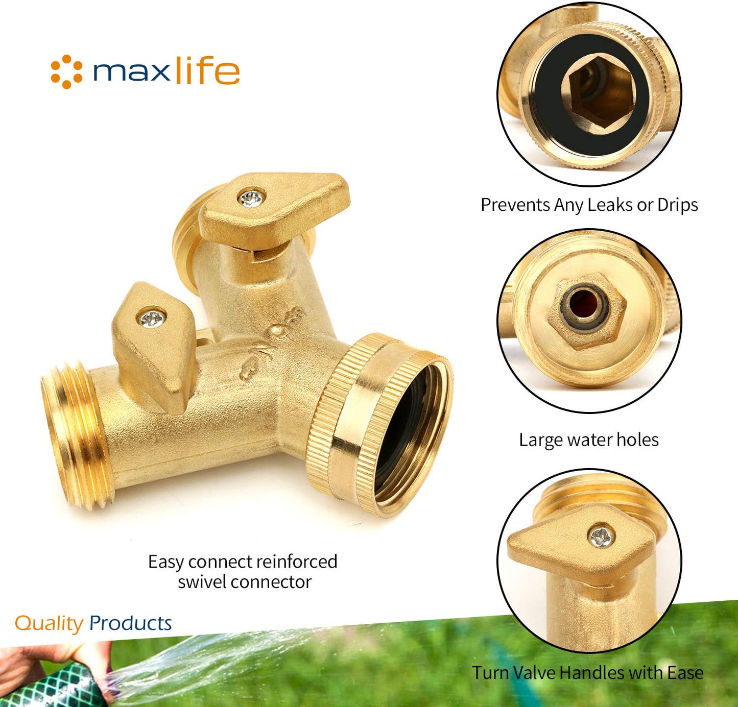 Max Life - Garden Hose Splitter Heavy-Duty Solid Brass Y Valve Female 2 Way 3/4" Tap Hose Connectors Water Distributor Switch