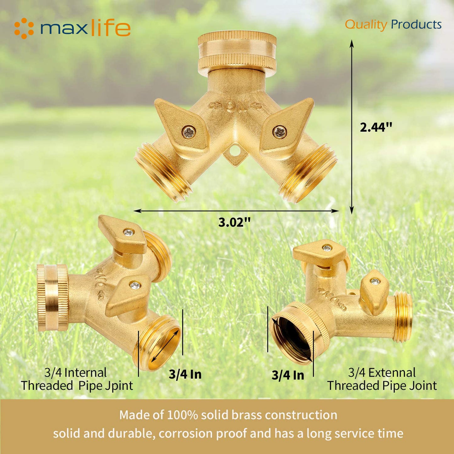 Max Life - Garden Hose Splitter Heavy-Duty Solid Brass Y Valve Female 2 Way 3/4" Tap Hose Connectors Water Distributor Switch