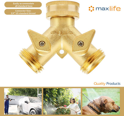 Max Life - Garden Hose Splitter Heavy-Duty Solid Brass Y Valve Female 2 Way 3/4" Tap Hose Connectors Water Distributor Switch