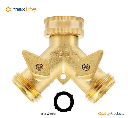 Max Life - Garden Hose Splitter Heavy-Duty Solid Brass Y Valve Female 2 Way 3/4" Tap Hose Connectors Water Distributor Switch