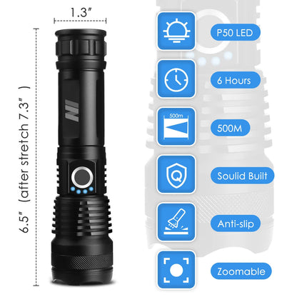 N1 LED Flashlight Aluminum Zoomable With Real 1200 Lumens, 26650 lithium Rechargeable Battery, Power Display, 4 Light Modes LED Searchlight Torch