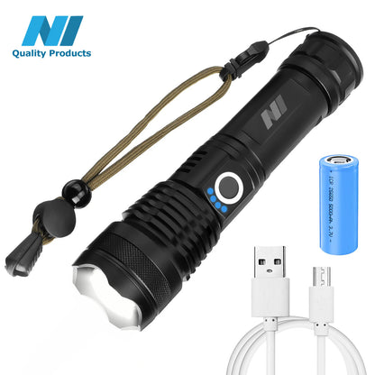 N1 LED Flashlight Aluminum Zoomable With Real 1200 Lumens, 26650 lithium Rechargeable Battery, Power Display, 4 Light Modes LED Searchlight Torch