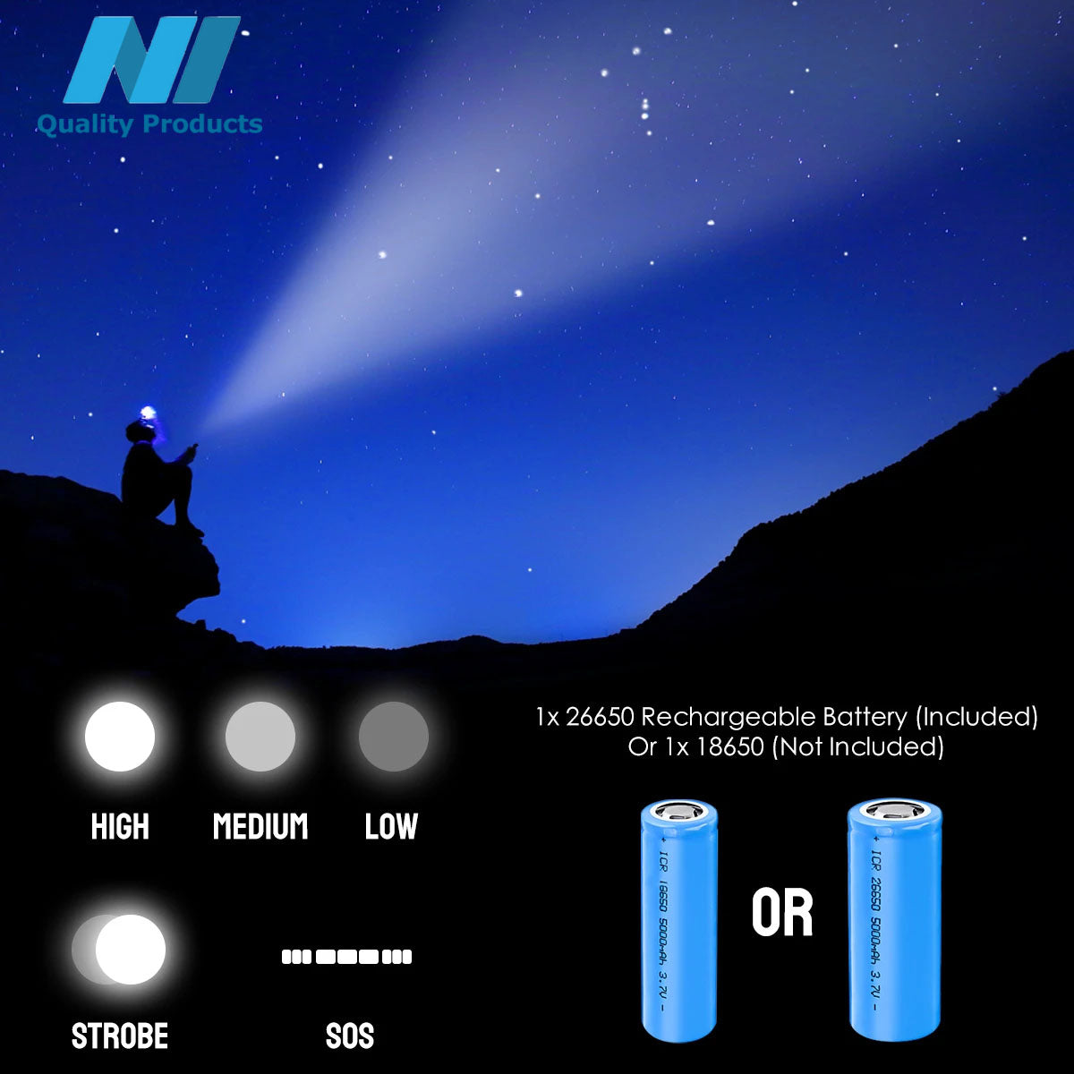 N1 LED Flashlight Aluminum Zoomable With Real 1200 Lumens, 26650 lithium Rechargeable Battery, Power Display, 4 Light Modes LED Searchlight Torch