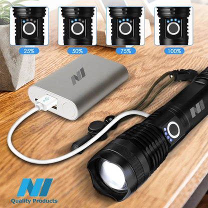 N1 LED Flashlight Aluminum Zoomable With Real 1200 Lumens, 26650 lithium Rechargeable Battery, Power Display, 4 Light Modes LED Searchlight Torch