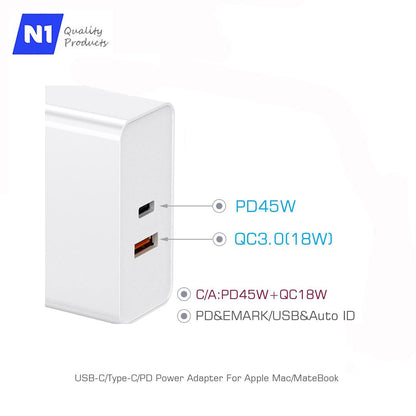 N1- PD 3.0 Fast Charger 63W 2-Port USB C Charger, Universal Fast Charger for iPhone 12/12 Mini/12 Pro Max, Mac Pro USB C Wall Charger for iPhone 11 Pro Max