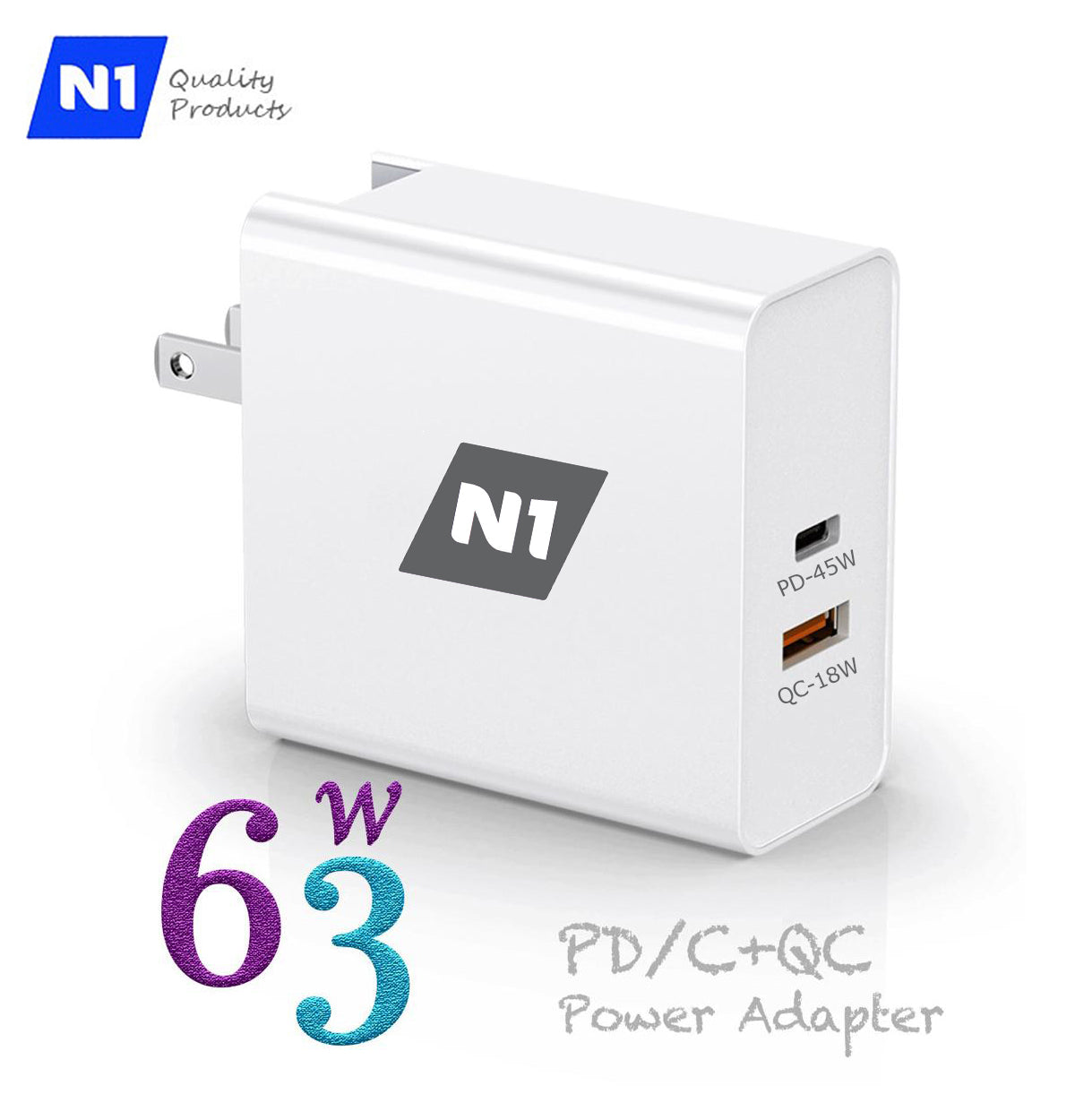 N1- PD 3.0 Fast Charger 63W 2-Port USB C Charger, Universal Fast Charger for iPhone 12/12 Mini/12 Pro Max, Mac Pro USB C Wall Charger for iPhone 11 Pro Max