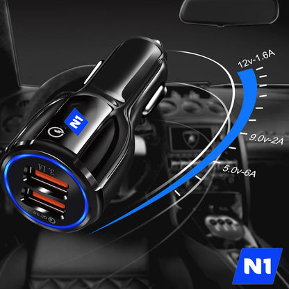 N1 - 2-Port USB Fast Charging Car Charger, Powerful QC3.0 Quick Charger 2-Amp QC Universal For iPhone and Android