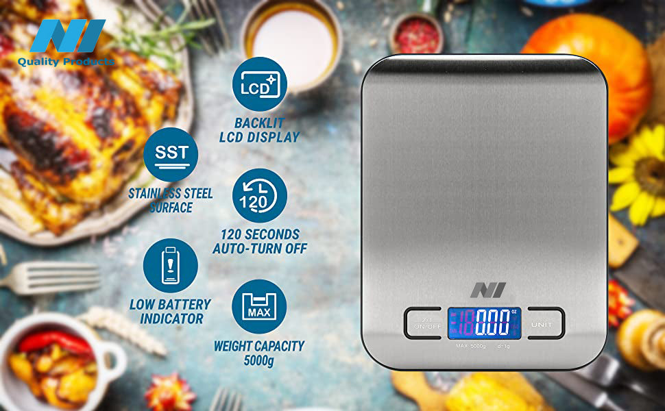 N1- Digital Kitchen Food Scale Multifunction High Accuracy 11 lb 5 kg,LCD Display, Stainless Steel Silver