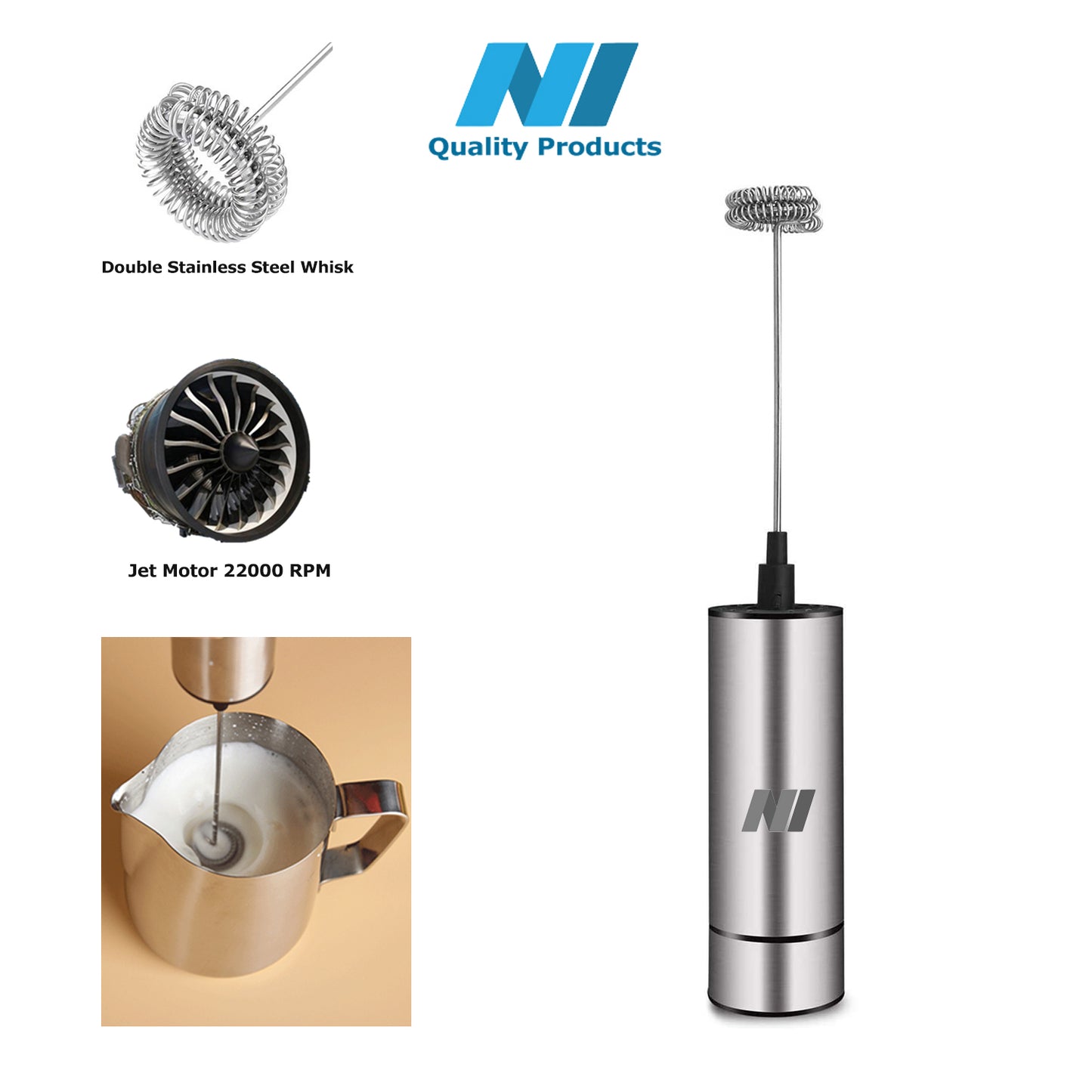 N1- Electric Milk Frother Powerful 22000 RPM Motor, High Quality Stainless Steel Drink Foamer Whisk Mixer Stirrer Coffee Eggbeater Cappuccino Latte Maker