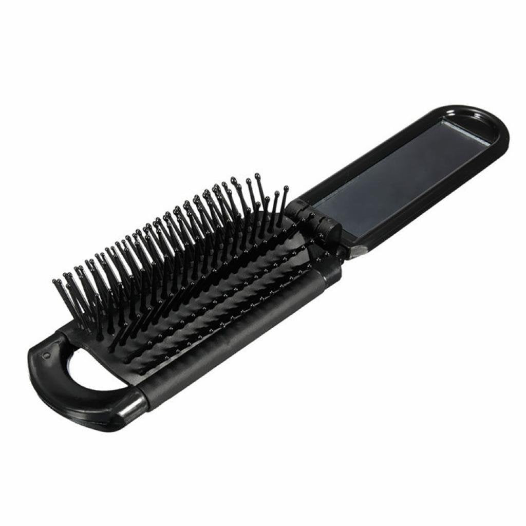 Portable Folding Hair Brush With Mirror Compact Travel Comb