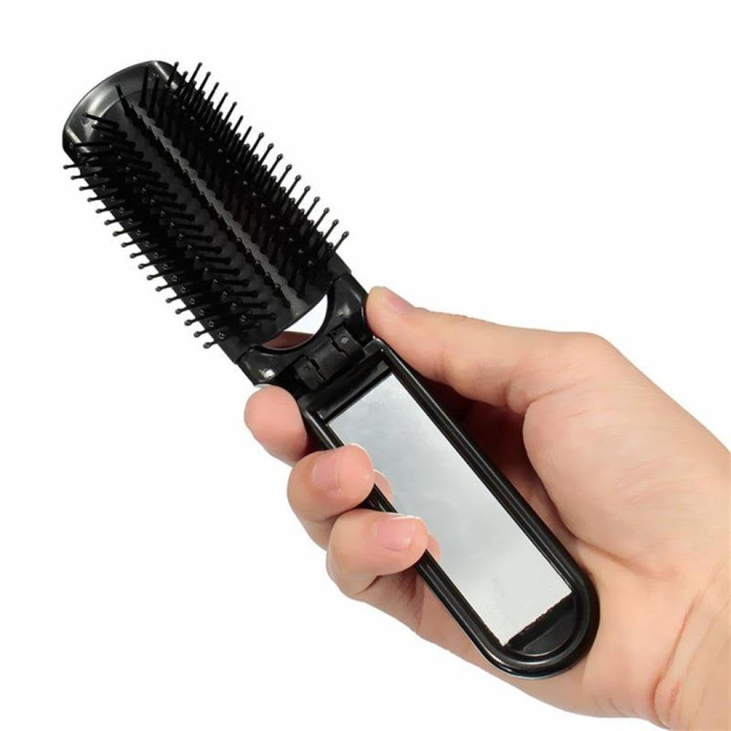 Portable Folding Hair Brush With Mirror Compact Travel Comb