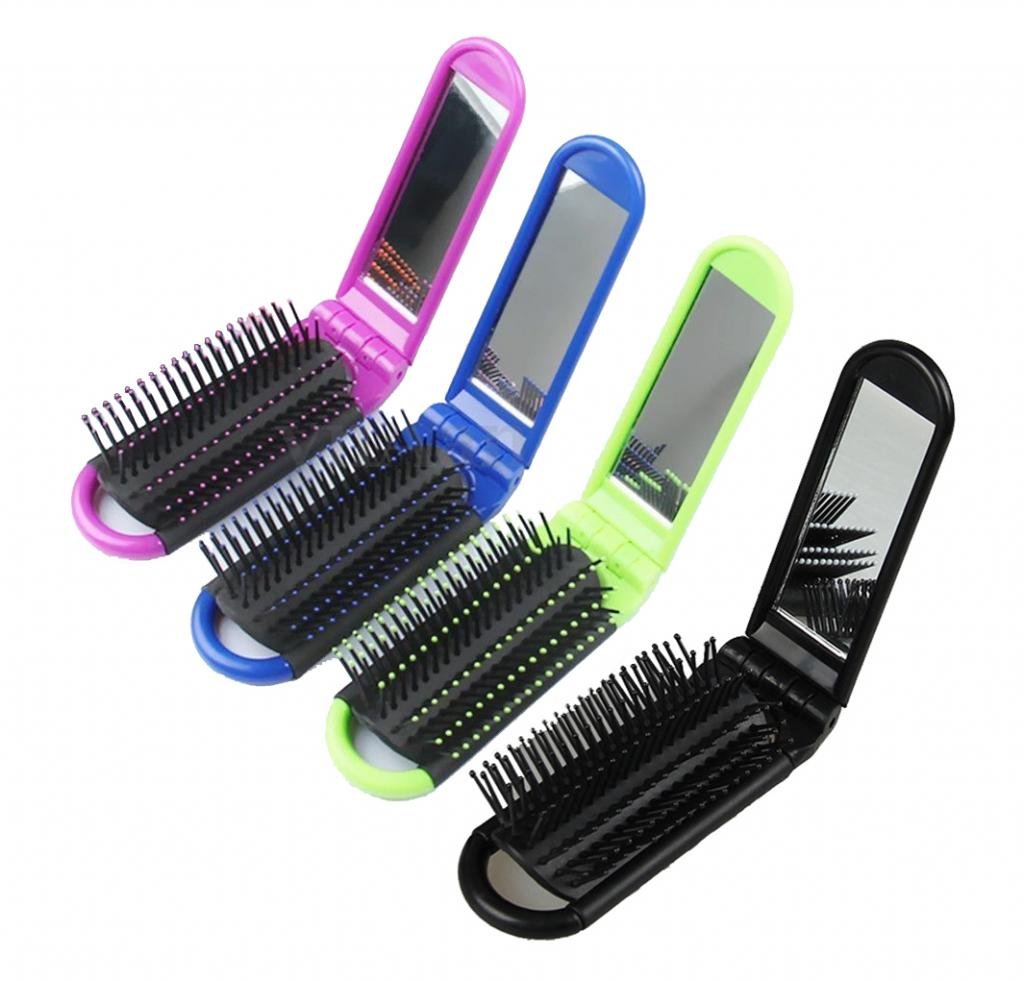 Portable Folding Hair Brush With Mirror Compact Travel Comb