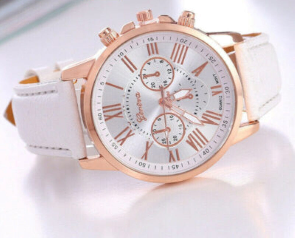 New Fashion Geneva Women Leather Band Stainless Steel Quartz Analog Wrist Watch