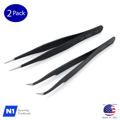 Tweezers for Eyelash Extensions, Straight and Curved Tip Tweezers Nippers Set of 2, 4, 6