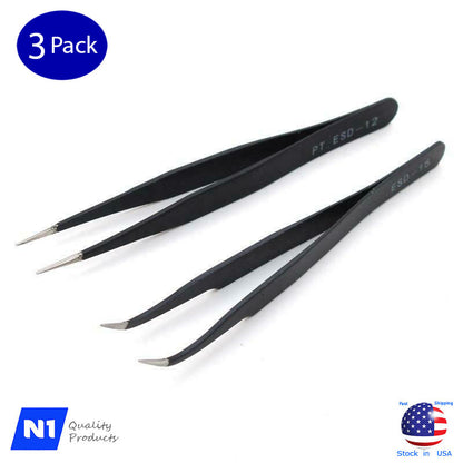 Tweezers for Eyelash Extensions, Straight and Curved Tip Tweezers Nippers Set of 2, 4, 6